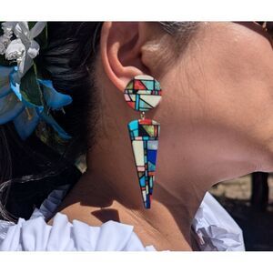 Santo Domingo Mosaic Dangle Earrings Handmade Inlay Jewelry Museum Quality**‎